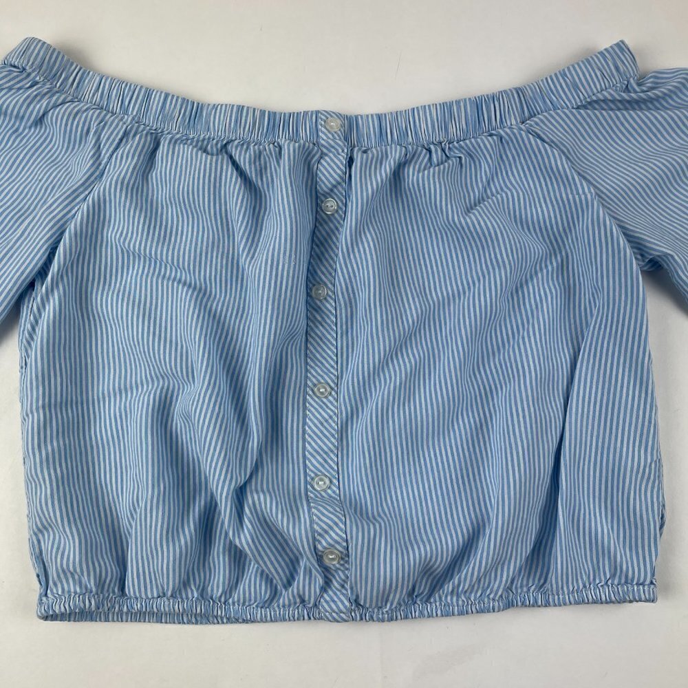 Ambiance Shirt Womens Medium Blue White Striped Off Shoulder Short Sleeve - Picture 3 of 9